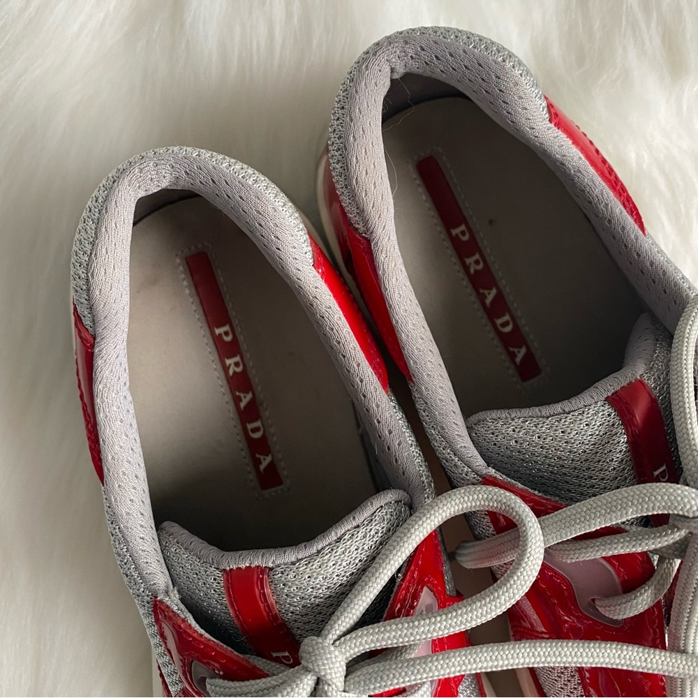 Prada America’s Cup Red Patent Leather & Silver Mesh Lace-Up Men’s Sneakers - Picture 8 of 16